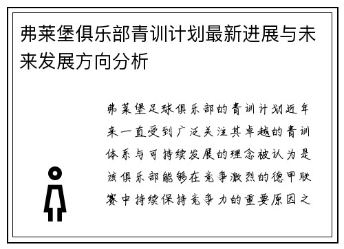 弗莱堡俱乐部青训计划最新进展与未来发展方向分析