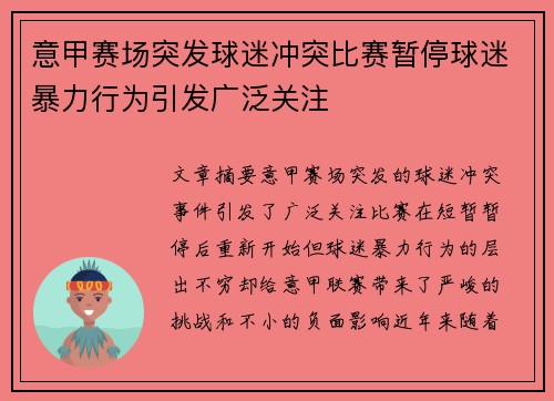 意甲赛场突发球迷冲突比赛暂停球迷暴力行为引发广泛关注
