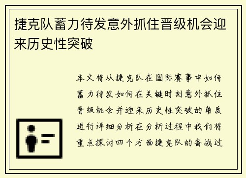 捷克队蓄力待发意外抓住晋级机会迎来历史性突破