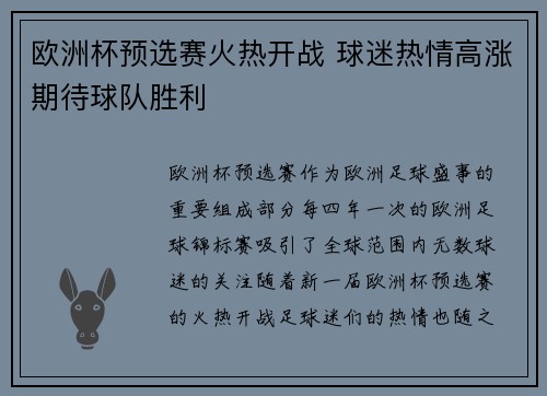 欧洲杯预选赛火热开战 球迷热情高涨期待球队胜利