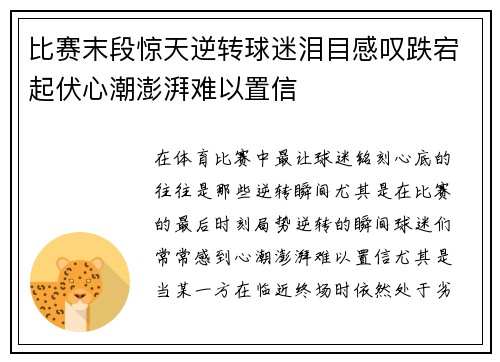 比赛末段惊天逆转球迷泪目感叹跌宕起伏心潮澎湃难以置信