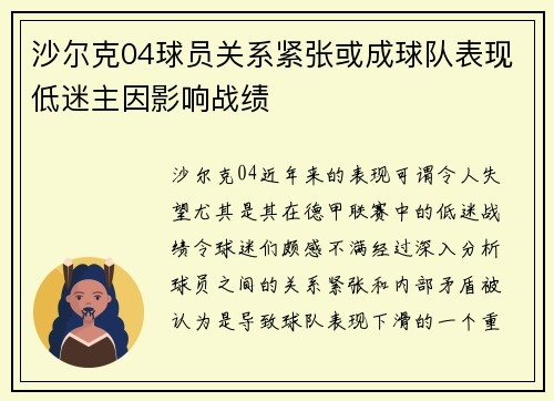 沙尔克04球员关系紧张或成球队表现低迷主因影响战绩