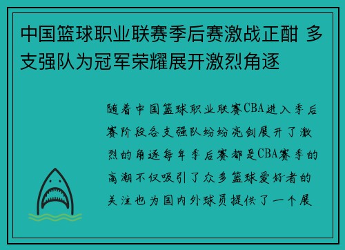 中国篮球职业联赛季后赛激战正酣 多支强队为冠军荣耀展开激烈角逐