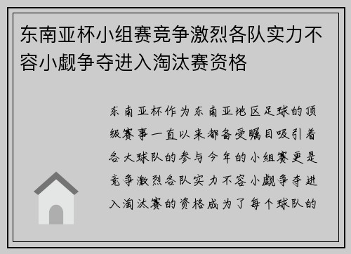 东南亚杯小组赛竞争激烈各队实力不容小觑争夺进入淘汰赛资格