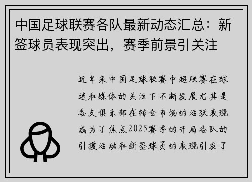 中国足球联赛各队最新动态汇总：新签球员表现突出，赛季前景引关注