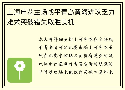 上海申花主场战平青岛黄海进攻乏力难求突破错失取胜良机