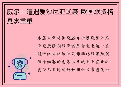 威尔士遭遇爱沙尼亚逆袭 欧国联资格悬念重重