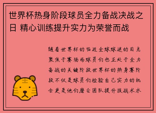 世界杯热身阶段球员全力备战决战之日 精心训练提升实力为荣誉而战