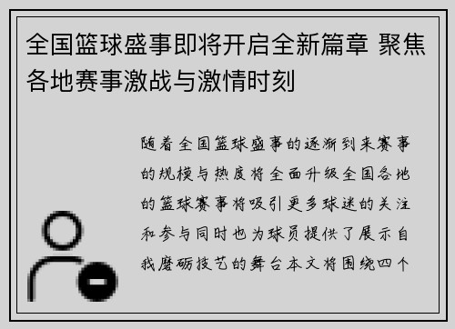 全国篮球盛事即将开启全新篇章 聚焦各地赛事激战与激情时刻