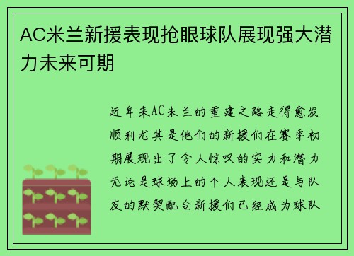 AC米兰新援表现抢眼球队展现强大潜力未来可期